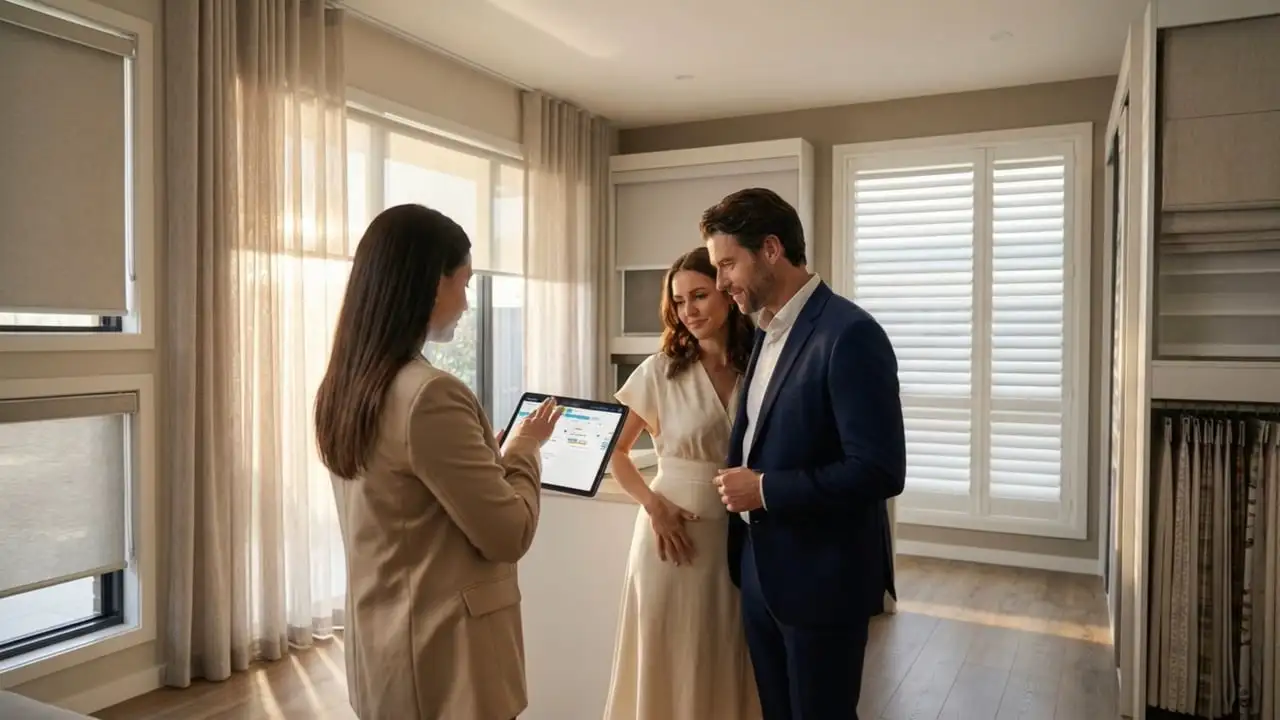 A window treatment consultant presenting a Quoterite proposal on a tablet to a couple in a showroom