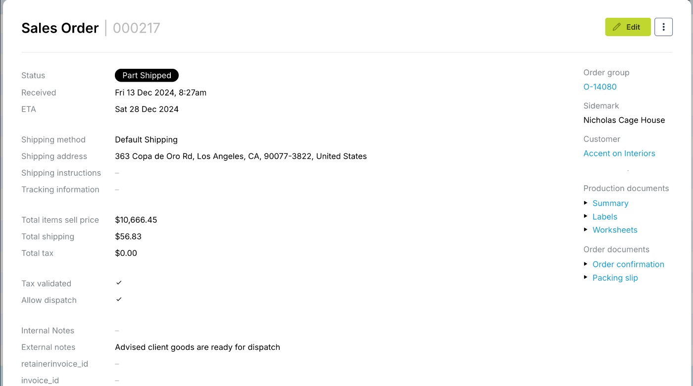 The real Quoterite app: a sales order with status, ETA, shipping details and itemized totals